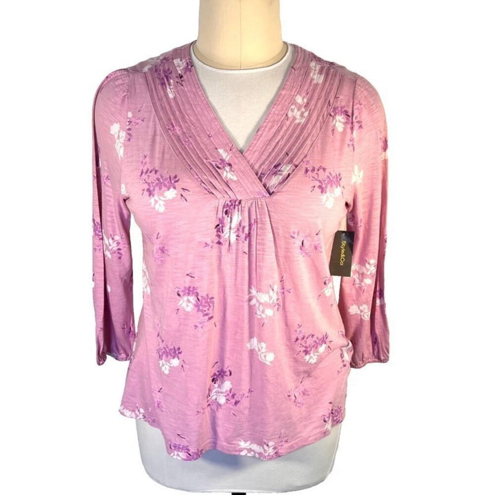 Style & Co - Women's XL Violet Pink Floral Print Pintuck V-Neck Knit 3/4 Sleeve